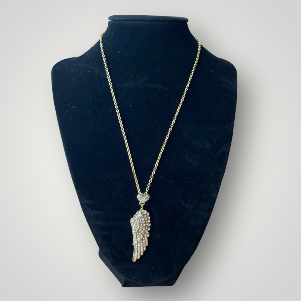 New Gold plated wing and heart clear crystal pendant necklace British